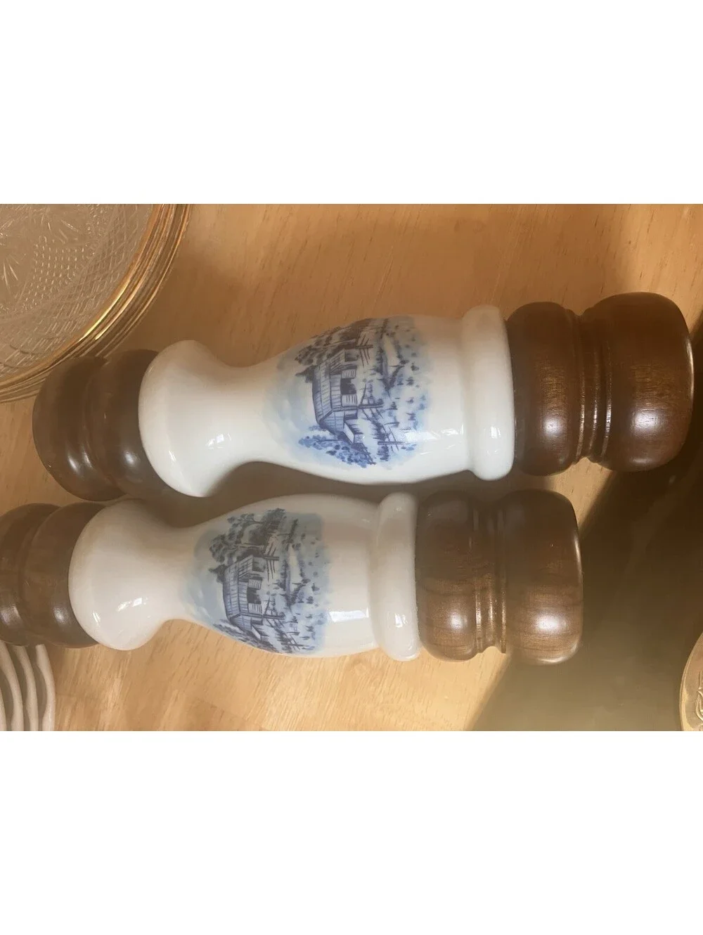 Vintage Salt Shaker Pepper Grinder Milk Glass Wood Country Water mill Scene
